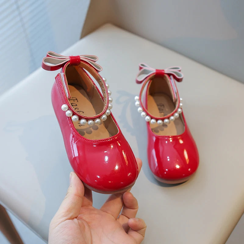 Spring Girl's Mary Janes Beading Ankle-strap New Children Princess Shoe Patent Leather Four Colors Round Toe Kids Flats 23-35