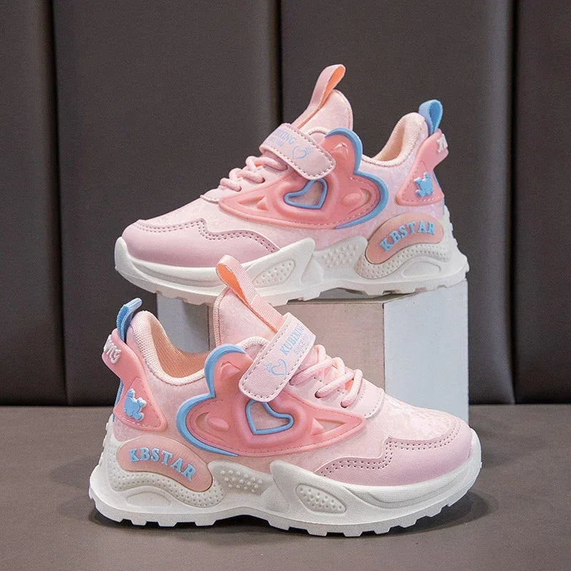 Kids Shoes for Girls Casual Sneakers with Heart Love Decoration High Quality Soft Breathable Children Sports Running Shoes 26-37