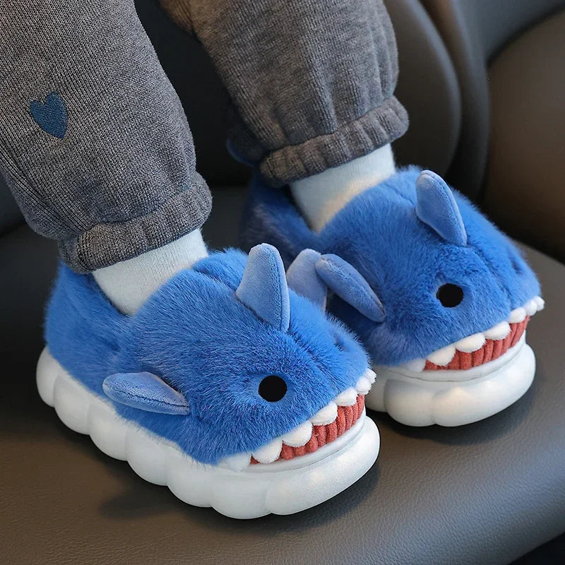 Winter Wrap Heels Plush Slippers Children's Cute Cartoon Shark Non-slip Soft Sole Kids Boys Girls Junior Warm Home Cotton Shoes